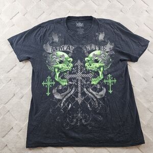 MMA Elite Graphic Print Shirt Mens Large Black Grunge Y2K Vintage Skull Cross